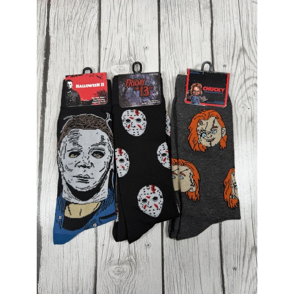 Lot of 3 Horror Movie Crew Socks Men Size 6-12 Michael Myers Chucky NWT